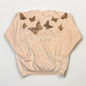 Vintage Butterfly Glitter Sweatshirt White Speckled One Size USA
